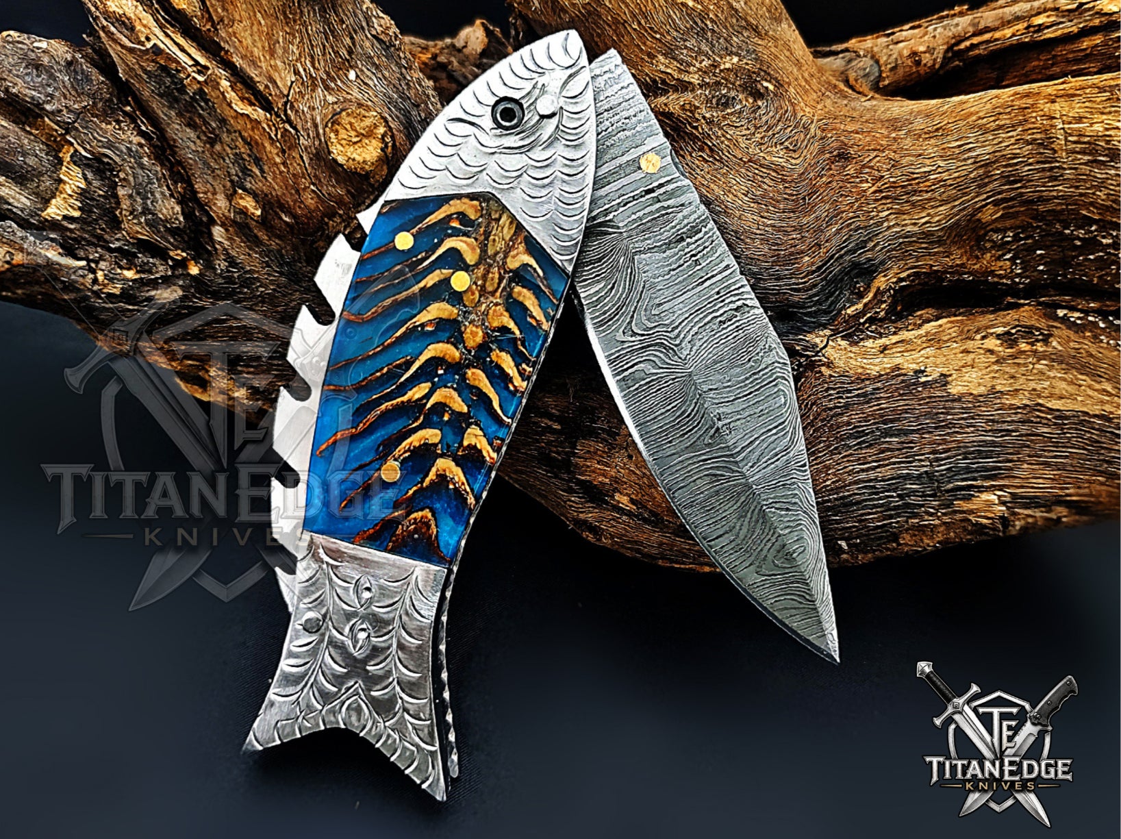 Handmade 7.5 Inch Damascus Steel Pocket Knife, Folding EDC Fishing Knife, Fish Skeleton Handle, Men's Gift With Sheath