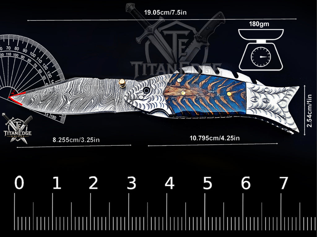 Handmade 7.5 Inch Damascus Steel Pocket Knife, Folding EDC Fishing Knife, Fish Skeleton Handle, Men's Gift With Sheath