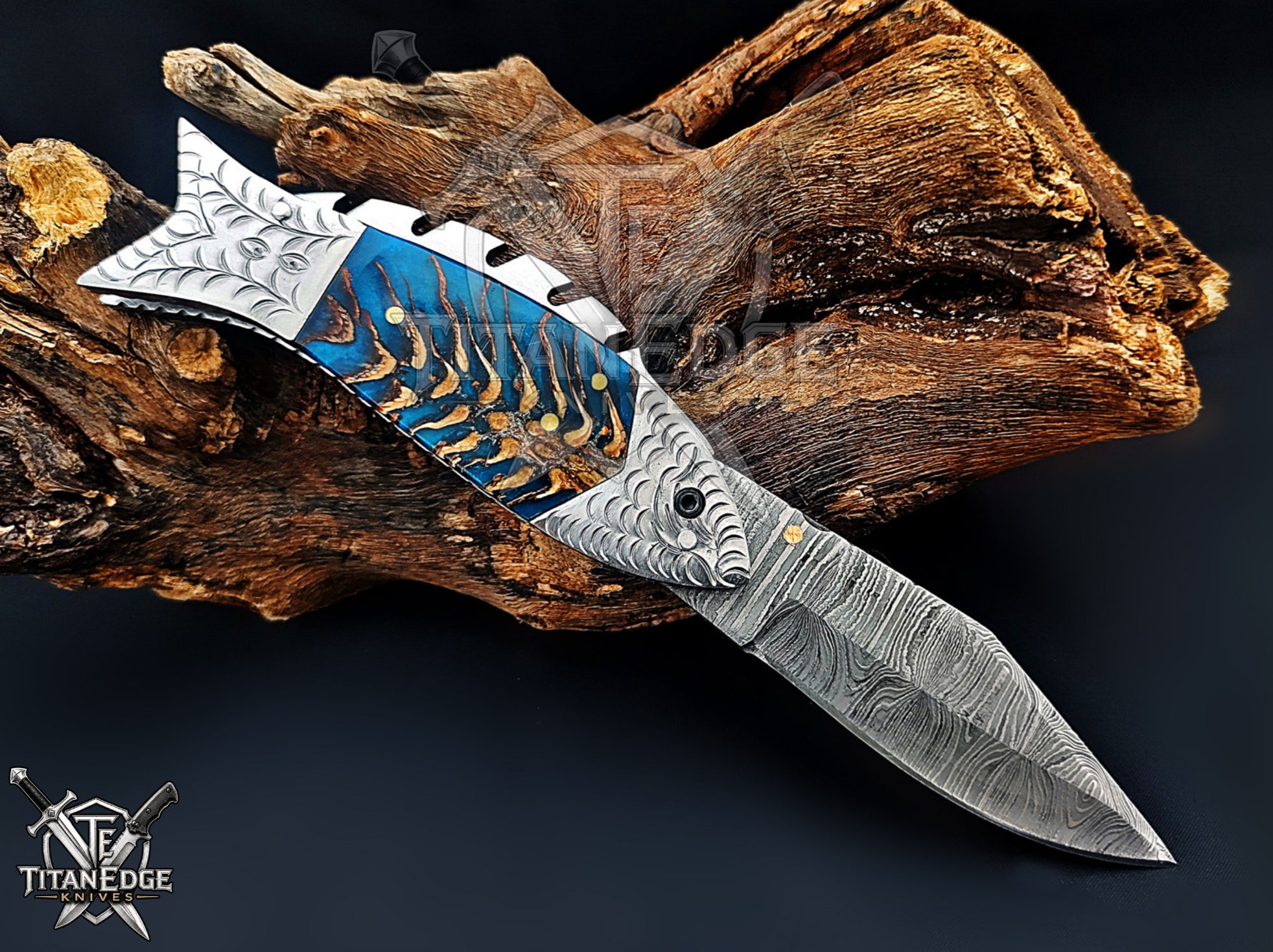 Handmade 7.5 Inch Damascus Steel Pocket Knife, Folding EDC Fishing Knife, Fish Skeleton Handle, Men's Gift With Sheath