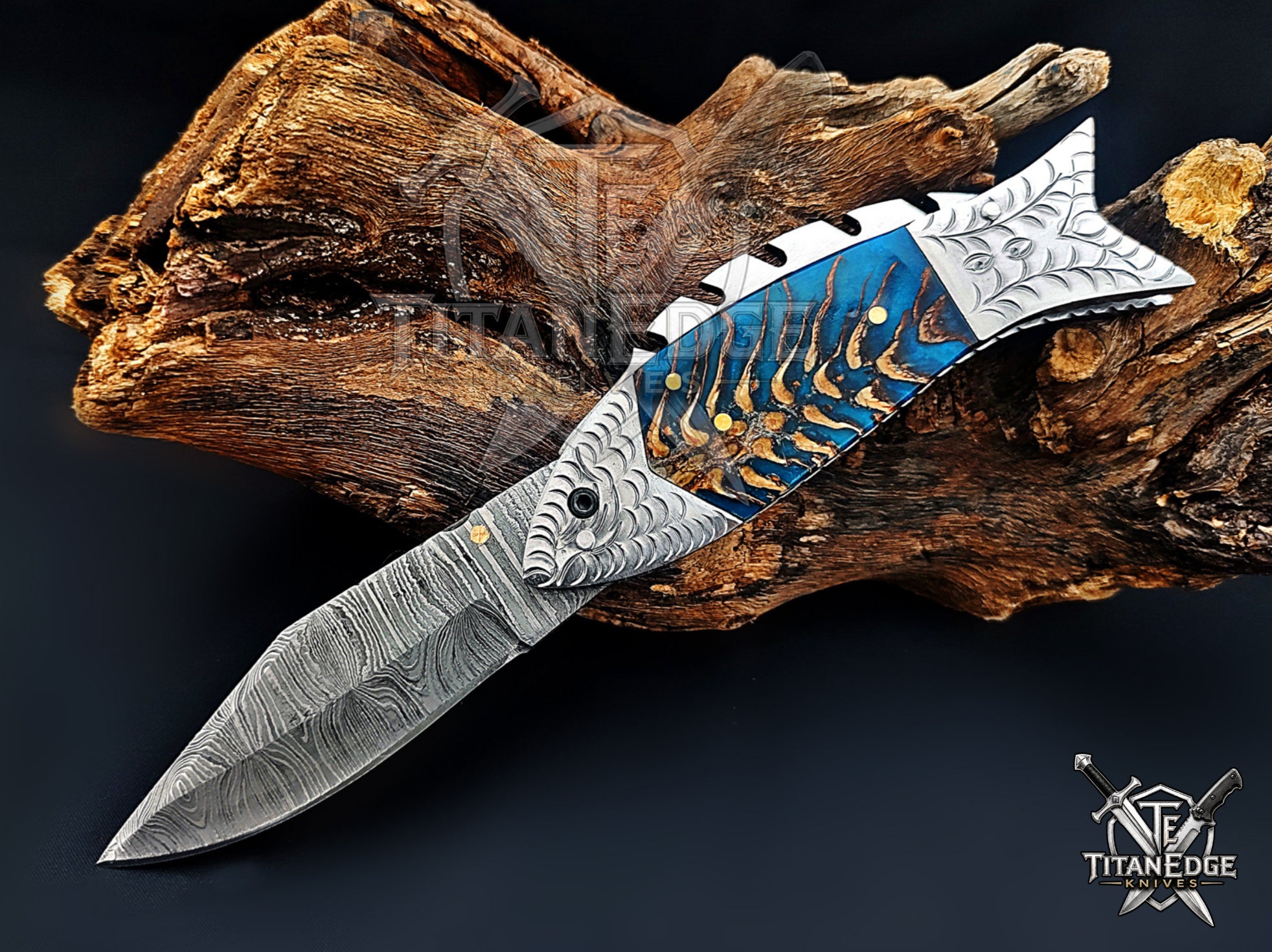 Handmade 7.5 Inch Damascus Steel Pocket Knife, Folding EDC Fishing Knife, Fish Skeleton Handle, Men's Gift With Sheath