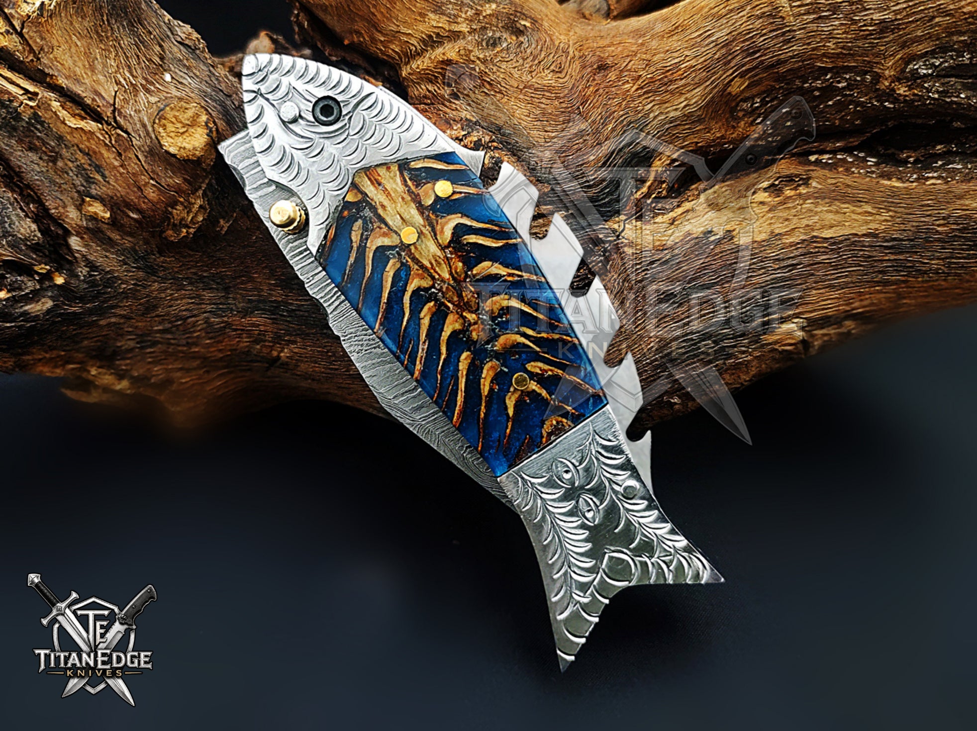 Handmade 7.5 Inch Damascus Steel Pocket Knife, Folding EDC Fishing Knife, Fish Skeleton Handle, Men's Gift With Sheath
