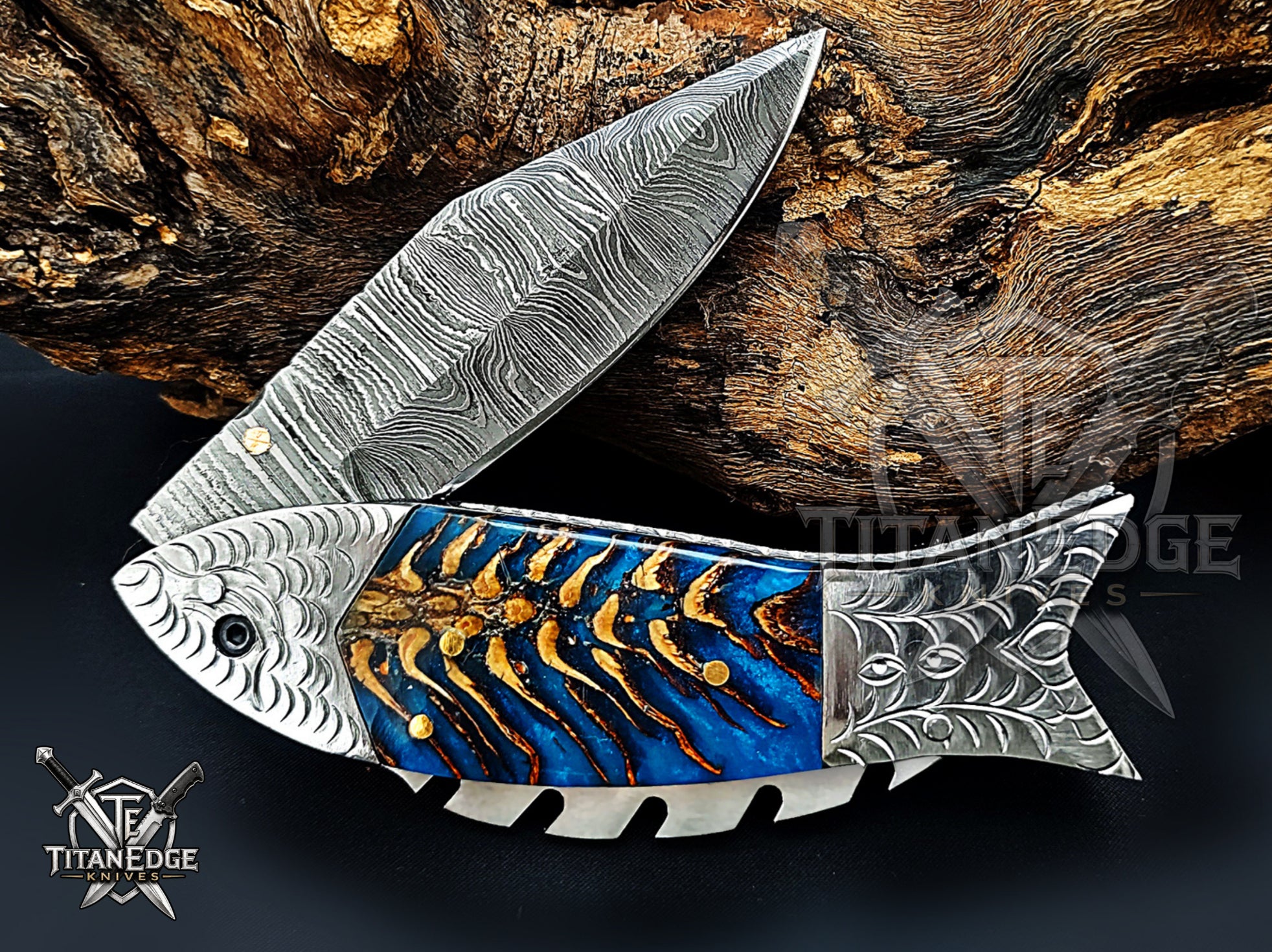 Handmade 7.5 Inch Damascus Steel Pocket Knife, Folding EDC Fishing Knife, Fish Skeleton Handle, Men's Gift With Sheath