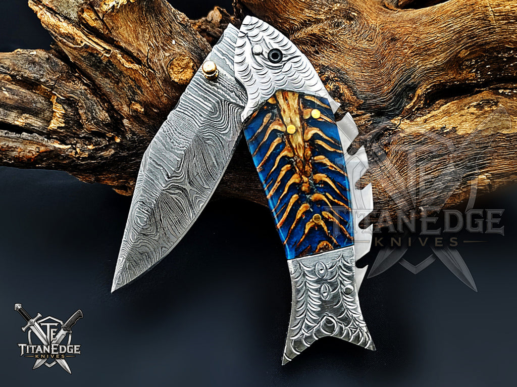 Handmade 7.5 Inch Damascus Steel Pocket Knife, Folding EDC Fishing Knife, Fish Skeleton Handle, Men's Gift With Sheath