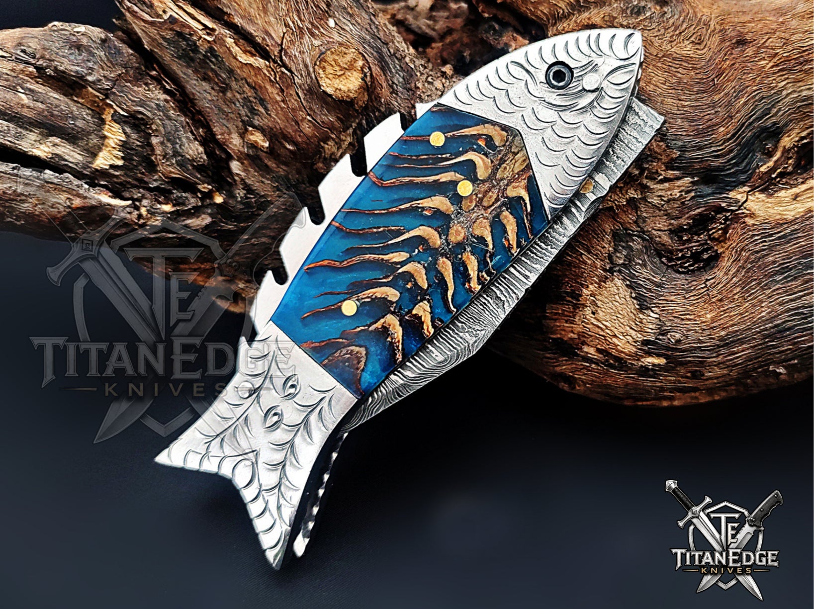 Handmade 7.5 Inch Damascus Steel Pocket Knife, Folding EDC Fishing Knife, Fish Skeleton Handle, Men's Gift With Sheath