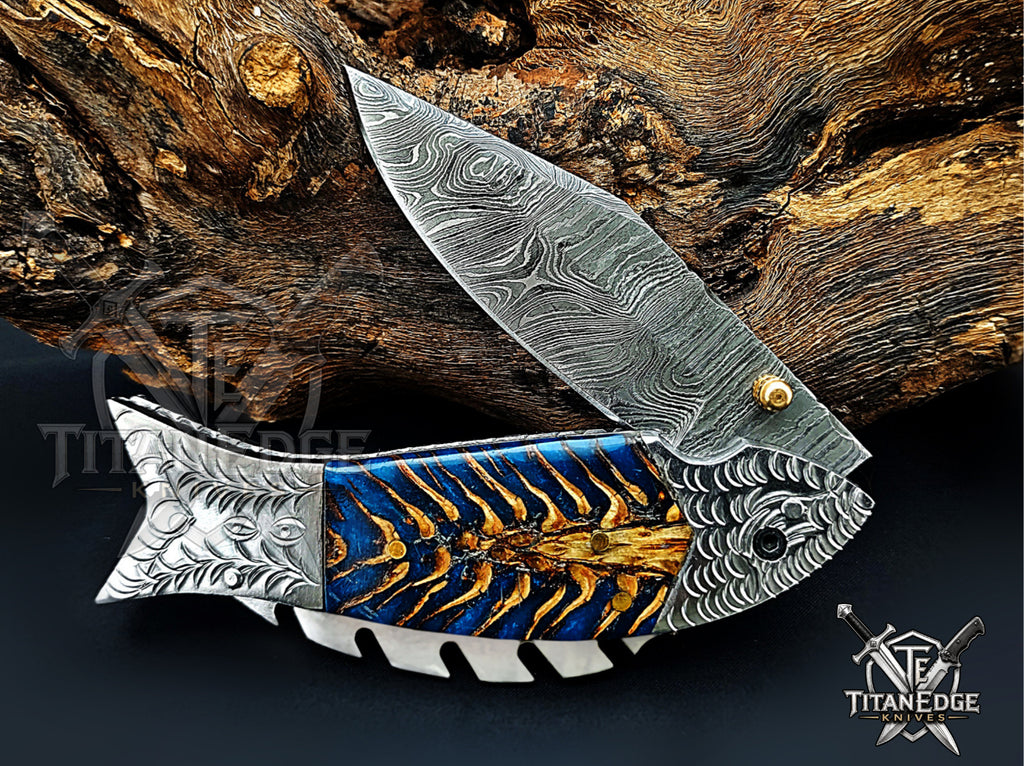 Handmade 7.5 Inch Damascus Steel Pocket Knife, Folding EDC Fishing Knife, Fish Skeleton Handle, Men's Gift With Sheath