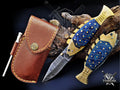 Handmade 7.5" Damascus Steel Pocket Knife, Folding EDC Fish Knife, Wood Handle, Groomsmen Gift With Leather Sheath