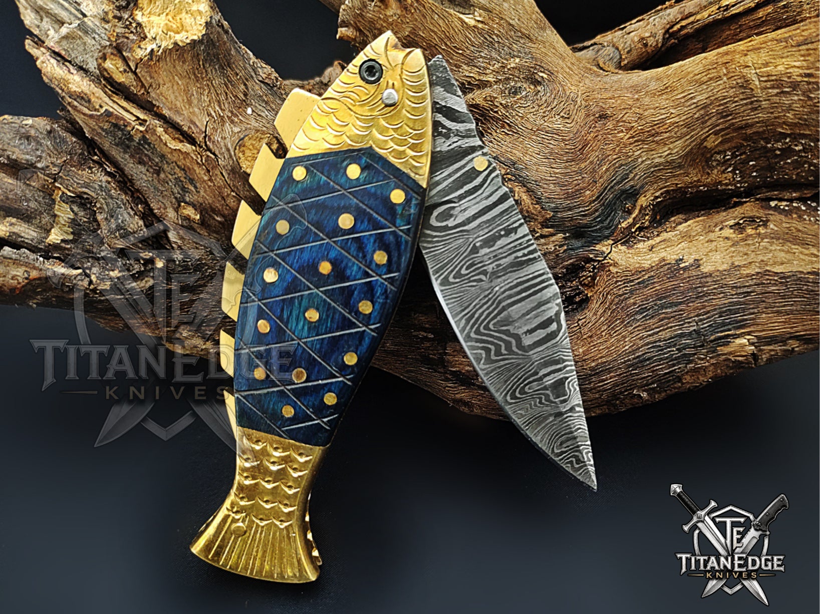Handmade 7.5" Damascus Steel Pocket Knife, Folding EDC Fish Knife, Wood Handle, Groomsmen Gift With Leather Sheath