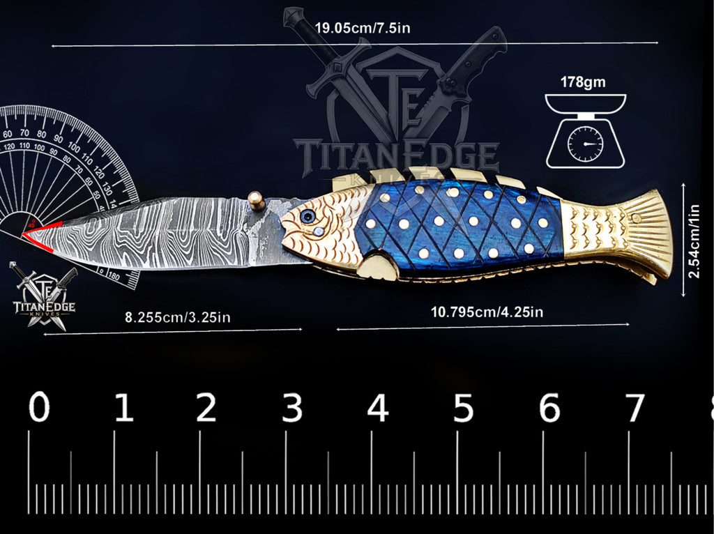 Handmade 7.5" Damascus Steel Pocket Knife, Folding EDC Fish Knife, Wood Handle, Groomsmen Gift With Leather Sheath
