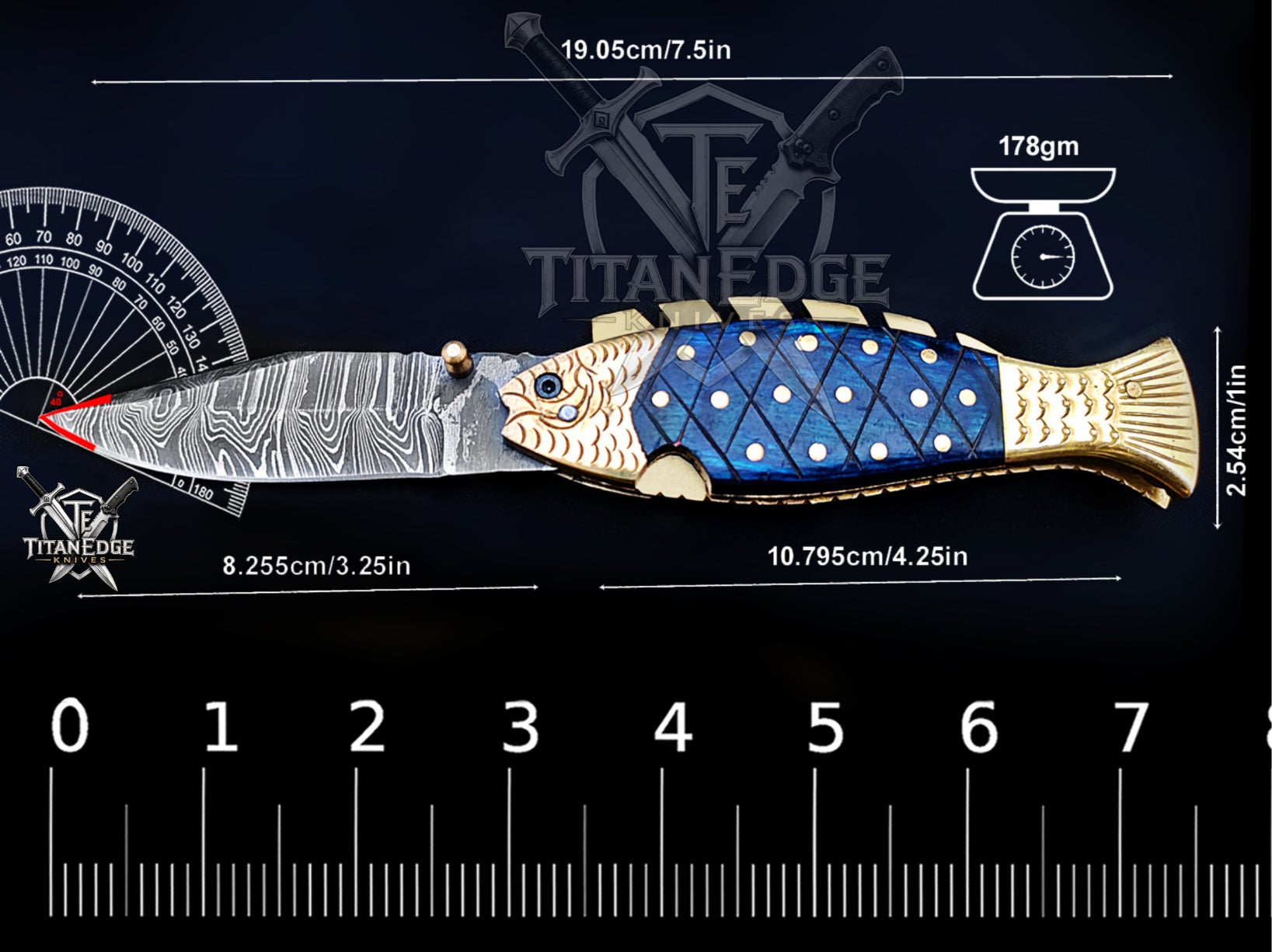 Handmade 7.5" Damascus Steel Pocket Knife, Folding EDC Fish Knife, Wood Handle, Groomsmen Gift With Leather Sheath