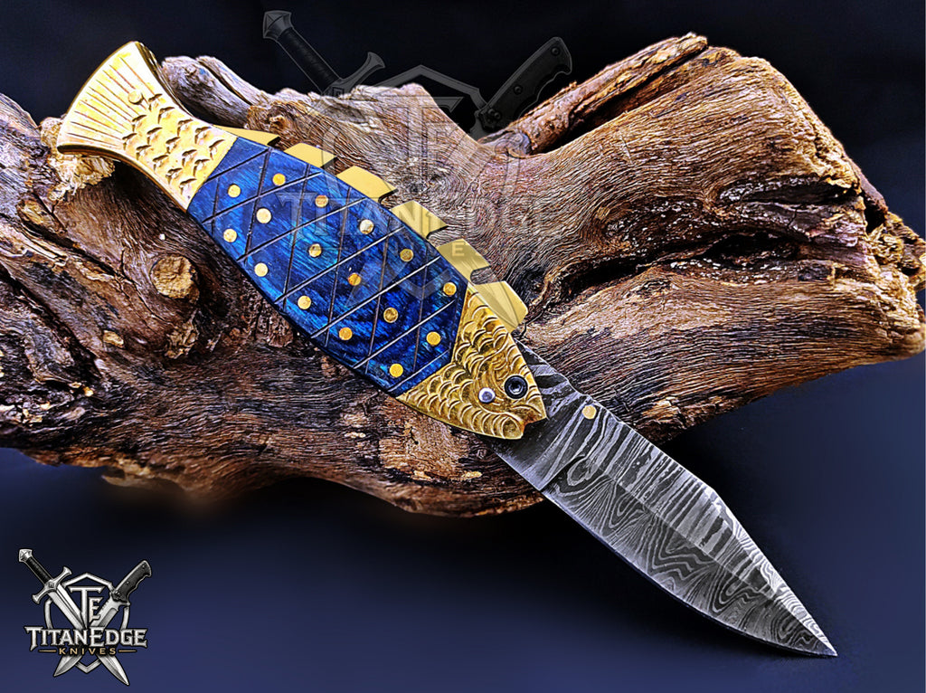 Handmade 7.5" Damascus Steel Pocket Knife, Folding EDC Fish Knife, Wood Handle, Groomsmen Gift With Leather Sheath
