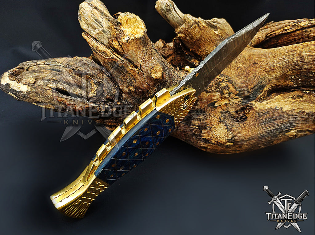 Handmade 7.5" Damascus Steel Pocket Knife, Folding EDC Fish Knife, Wood Handle, Groomsmen Gift With Leather Sheath