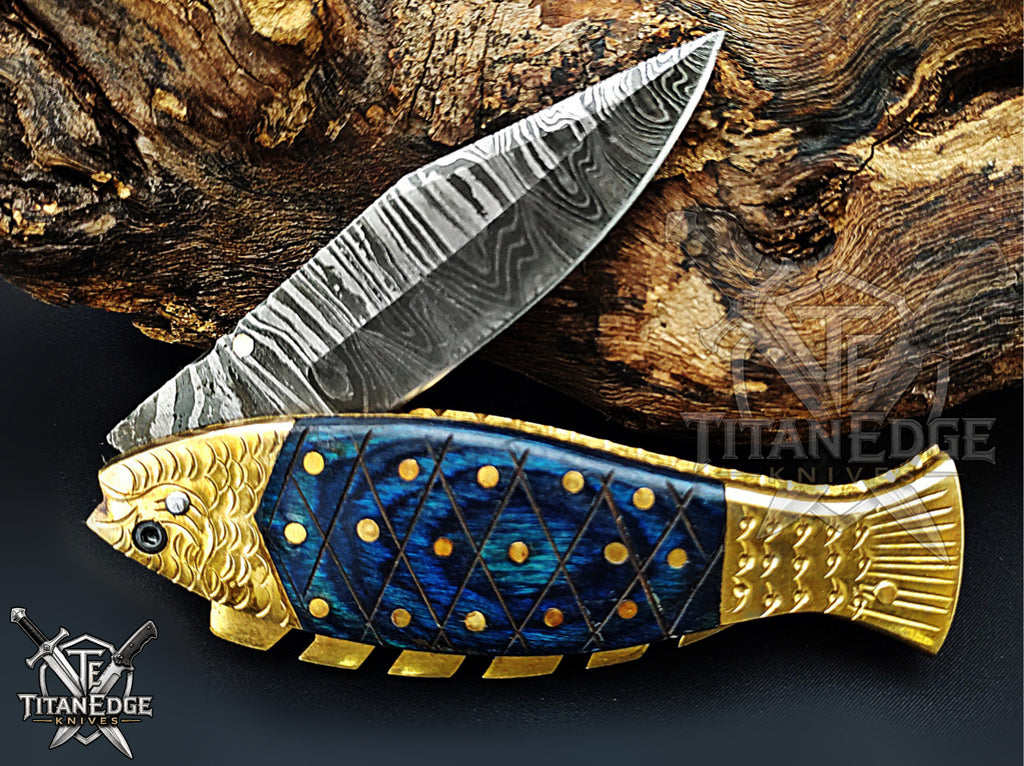 Handmade 7.5" Damascus Steel Pocket Knife, Folding EDC Fish Knife, Wood Handle, Groomsmen Gift With Leather Sheath