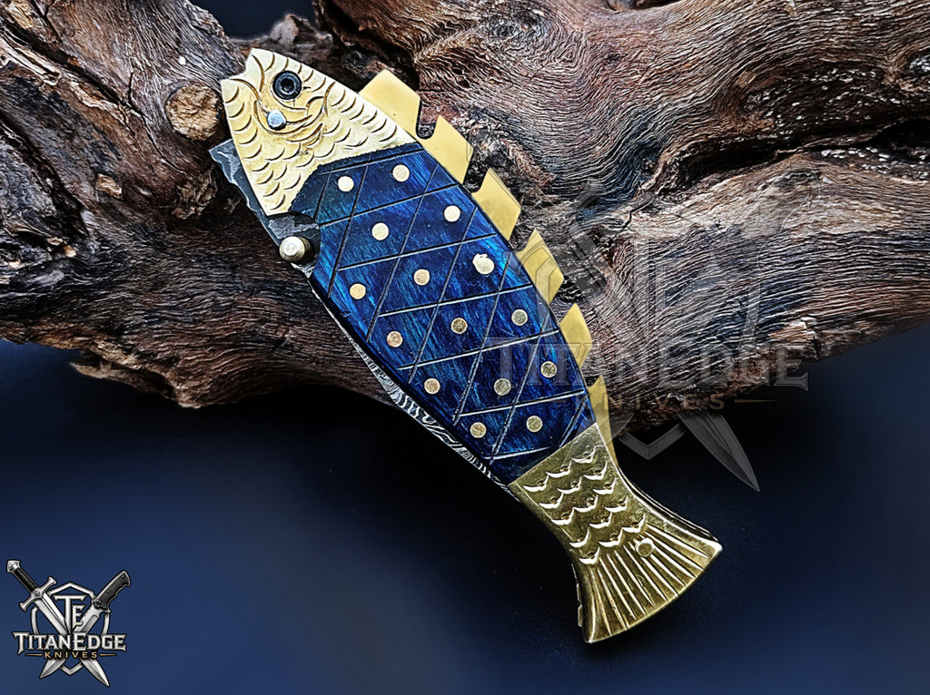 Handmade 7.5" Damascus Steel Pocket Knife, Folding EDC Fish Knife, Wood Handle, Groomsmen Gift With Leather Sheath