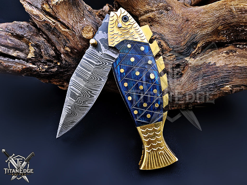 Handmade 7.5" Damascus Steel Pocket Knife, Folding EDC Fish Knife, Wood Handle, Groomsmen Gift With Leather Sheath
