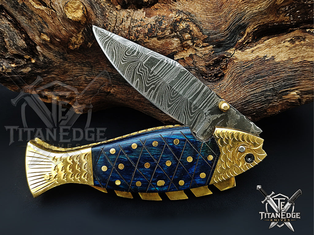 Handmade 7.5" Damascus Steel Pocket Knife, Folding EDC Fish Knife, Wood Handle, Groomsmen Gift With Leather Sheath