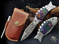 Handmade 7.5" Damascus Steel Pocket Knife, Folding EDC Fish Knife, Honeycomb Handle, Groomsmen Gift With Leather Sheath