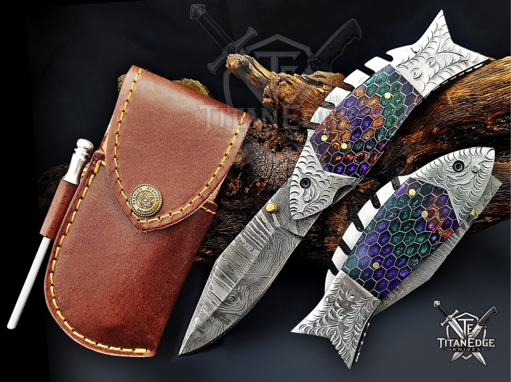 Handmade 7.5" Damascus Steel Pocket Knife, Folding EDC Fish Knife, Honeycomb Handle, Groomsmen Gift With Leather Sheath