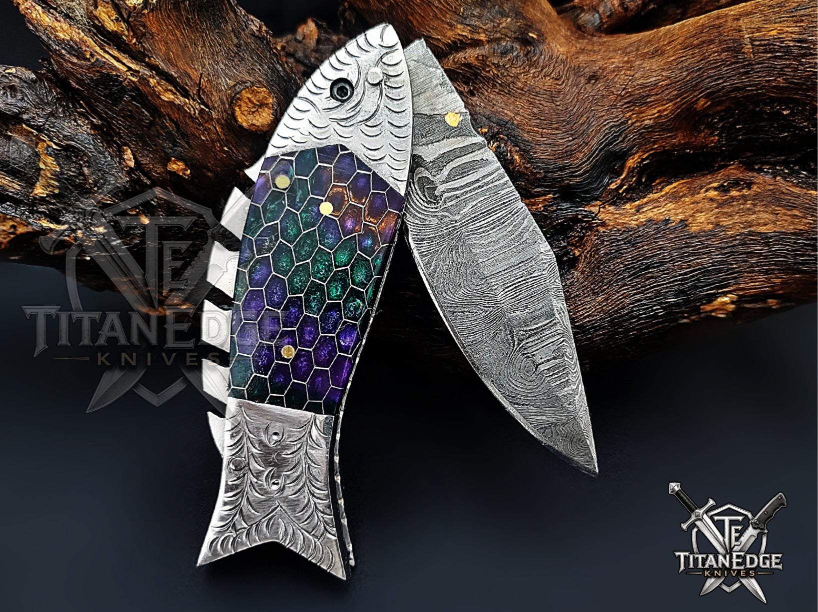 Handmade 7.5" Damascus Steel Pocket Knife, Folding EDC Fish Knife, Honeycomb Handle, Groomsmen Gift With Leather Sheath