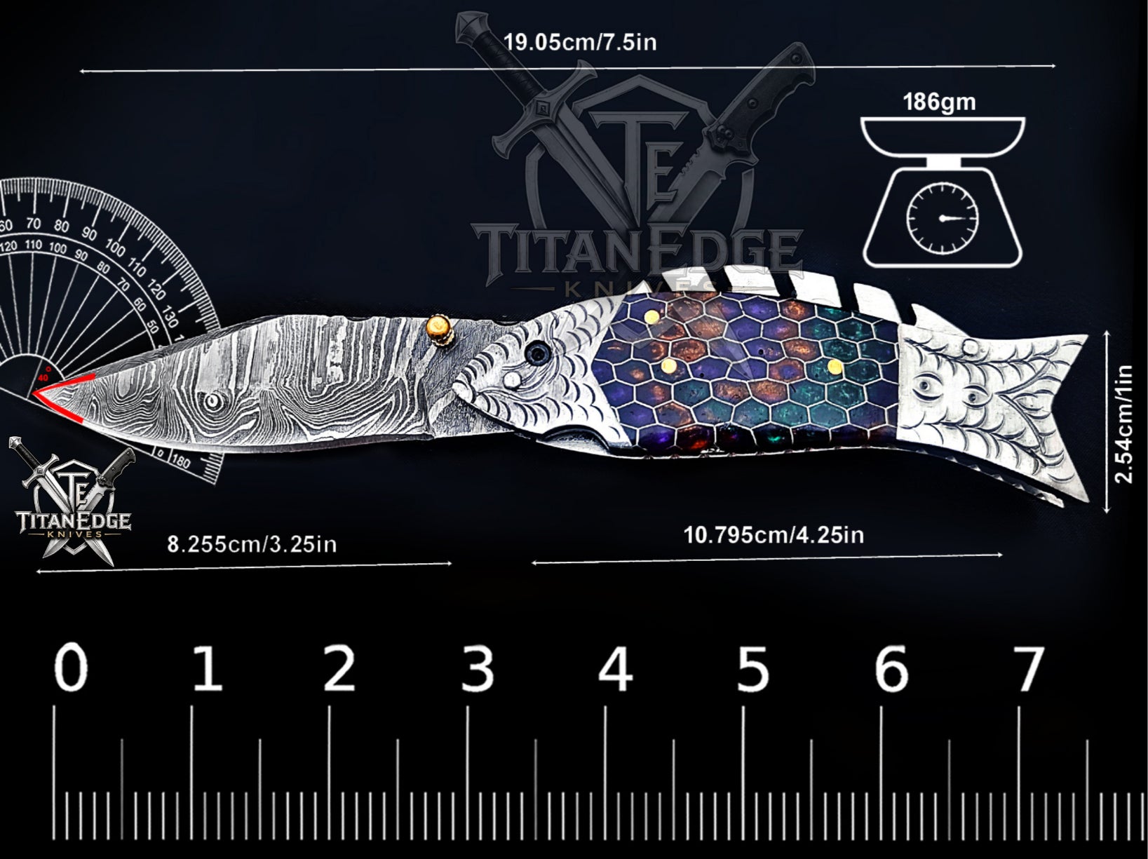 Handmade 7.5" Damascus Steel Pocket Knife, Folding EDC Fish Knife, Honeycomb Handle, Groomsmen Gift With Leather Sheath