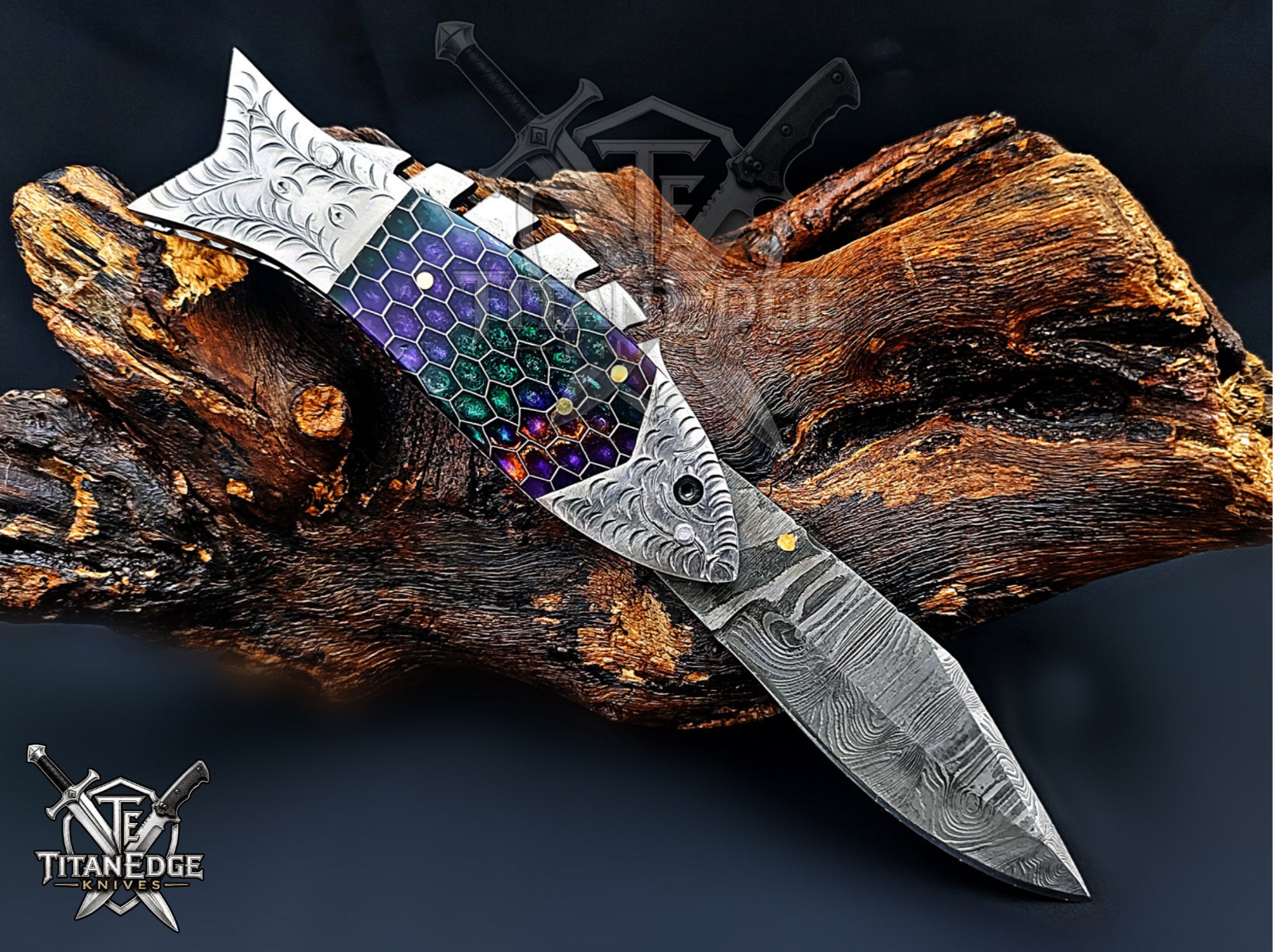Handmade 7.5" Damascus Steel Pocket Knife, Folding EDC Fish Knife, Honeycomb Handle, Groomsmen Gift With Leather Sheath
