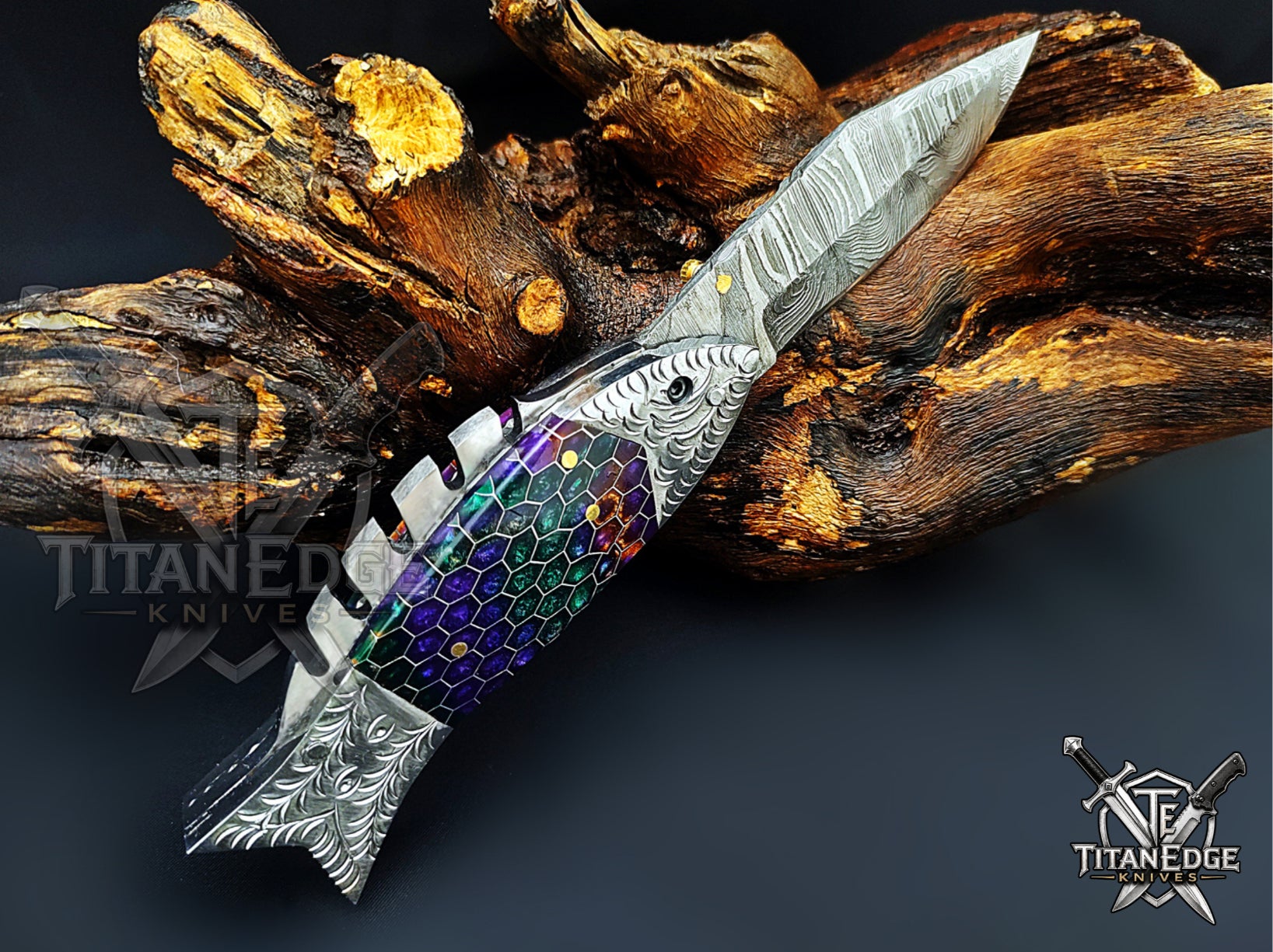 Handmade 7.5" Damascus Steel Pocket Knife, Folding EDC Fish Knife, Honeycomb Handle, Groomsmen Gift With Leather Sheath