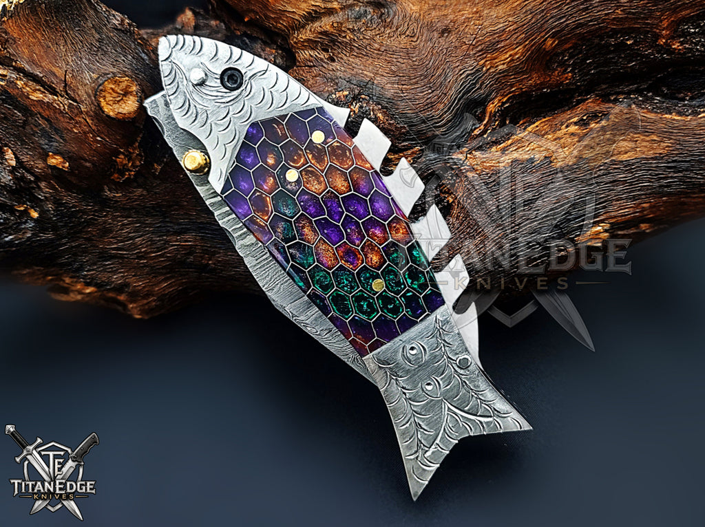 Handmade 7.5" Damascus Steel Pocket Knife, Folding EDC Fish Knife, Honeycomb Handle, Groomsmen Gift With Leather Sheath