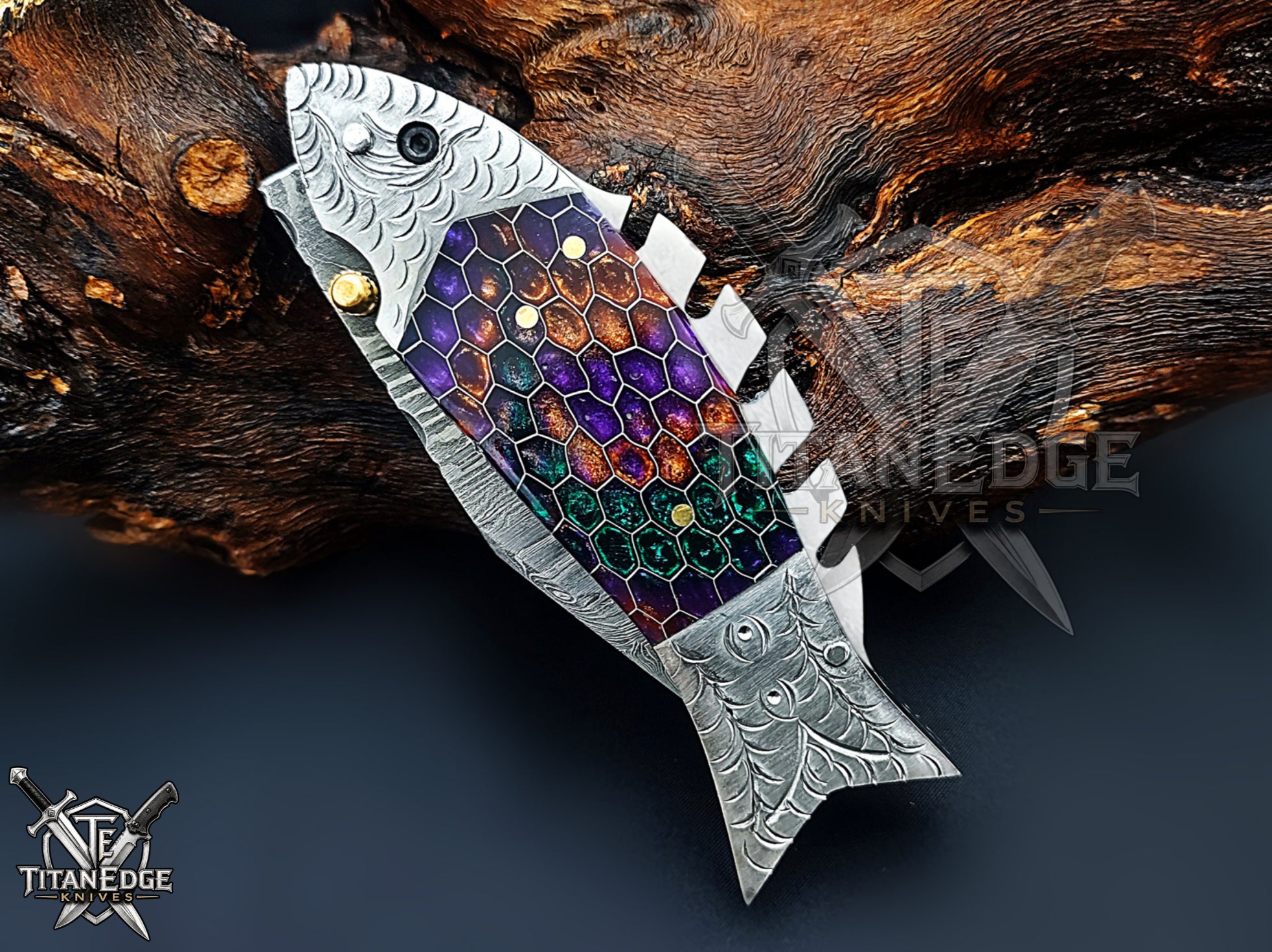 Handmade 7.5" Damascus Steel Pocket Knife, Folding EDC Fish Knife, Honeycomb Handle, Groomsmen Gift With Leather Sheath