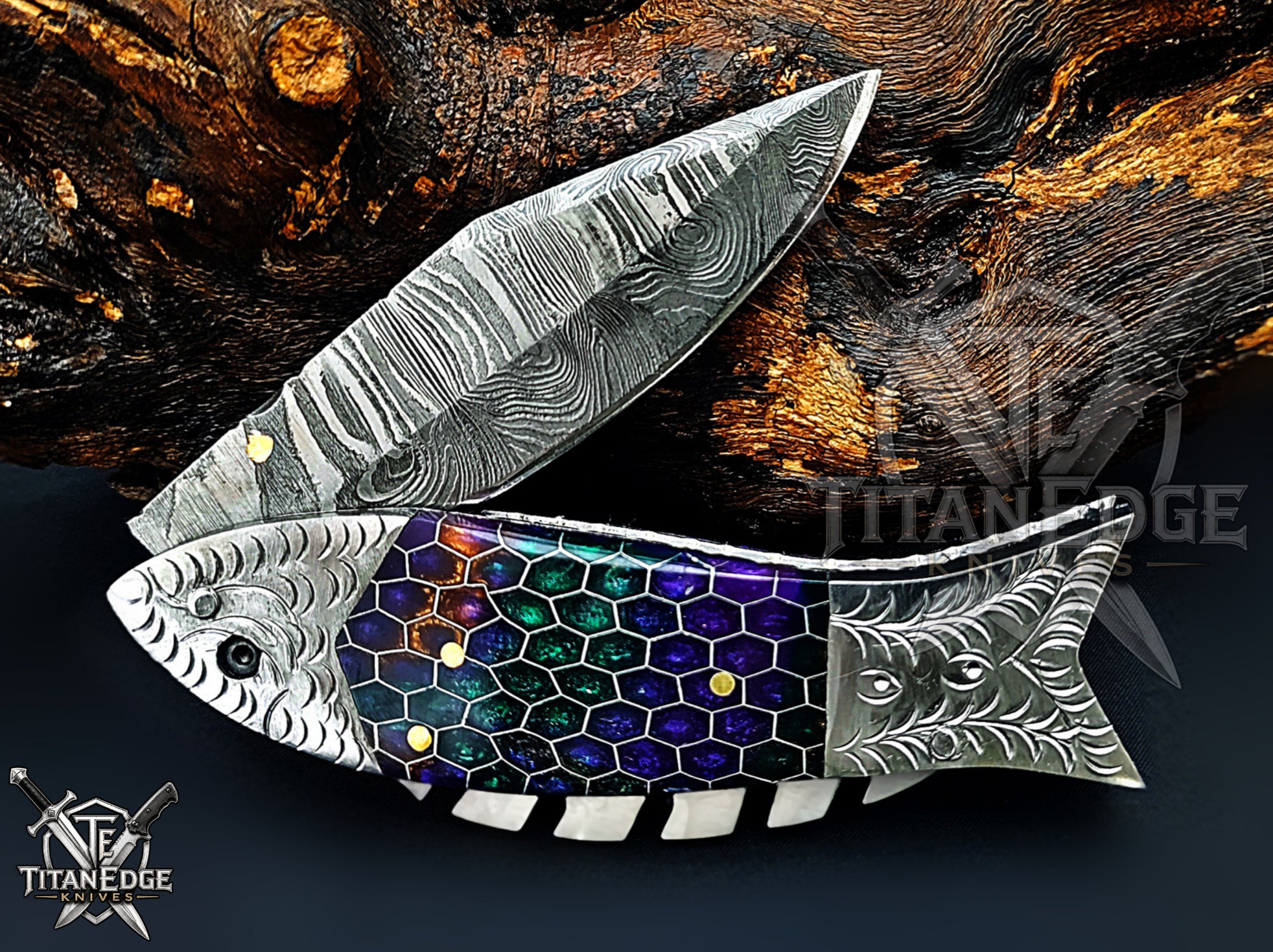 Handmade 7.5" Damascus Steel Pocket Knife, Folding EDC Fish Knife, Honeycomb Handle, Groomsmen Gift With Leather Sheath