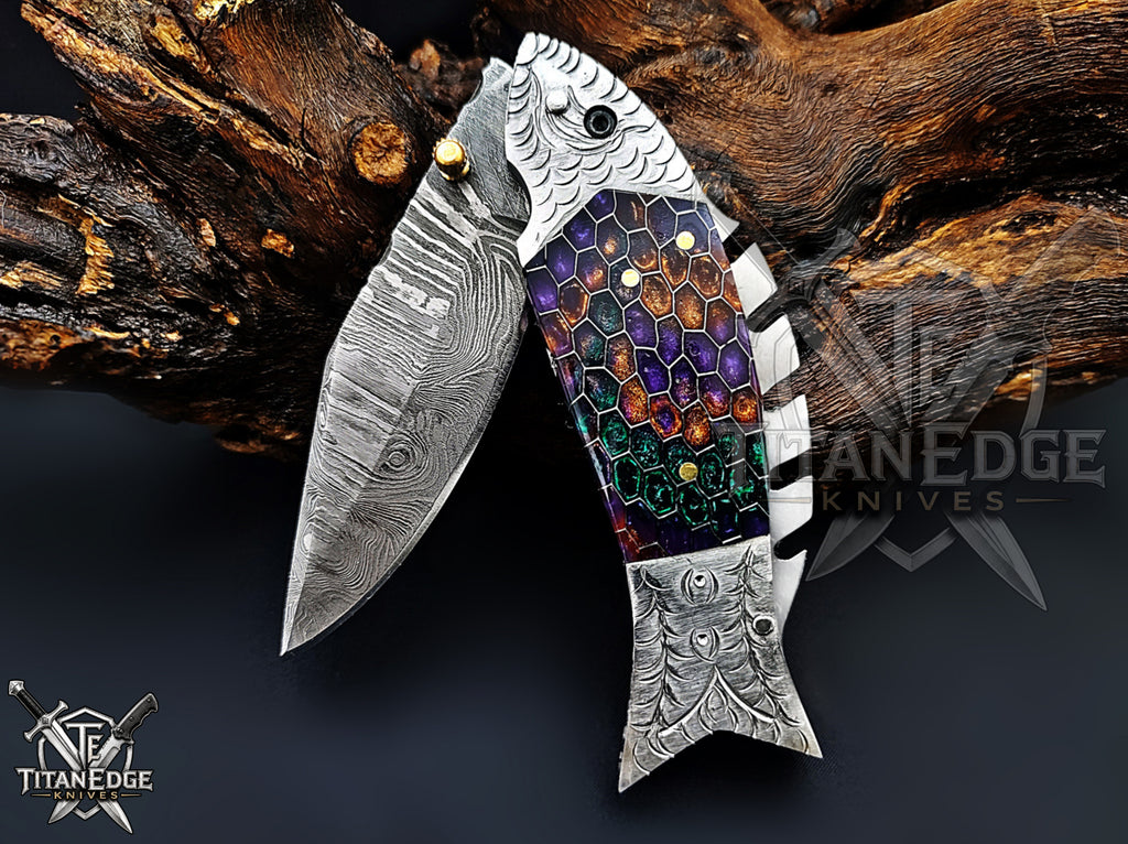 Handmade 7.5" Damascus Steel Pocket Knife, Folding EDC Fish Knife, Honeycomb Handle, Groomsmen Gift With Leather Sheath