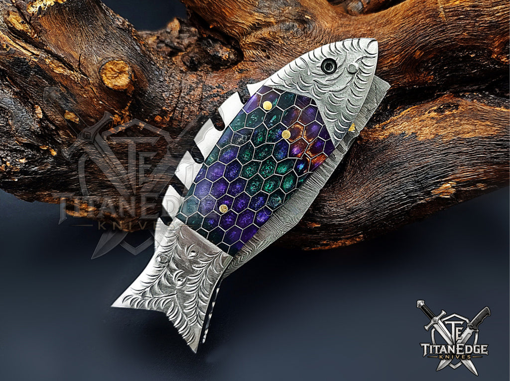 Handmade 7.5" Damascus Steel Pocket Knife, Folding EDC Fish Knife, Honeycomb Handle, Groomsmen Gift With Leather Sheath