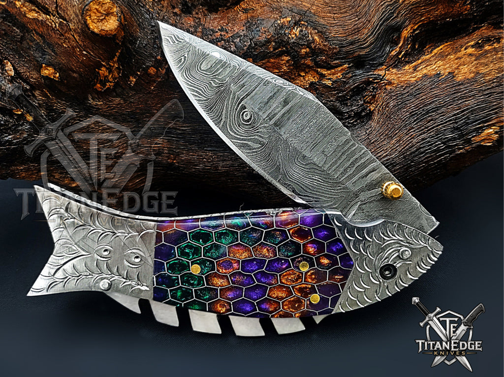 Handmade 7.5" Damascus Steel Pocket Knife, Folding EDC Fish Knife, Honeycomb Handle, Groomsmen Gift With Leather Sheath