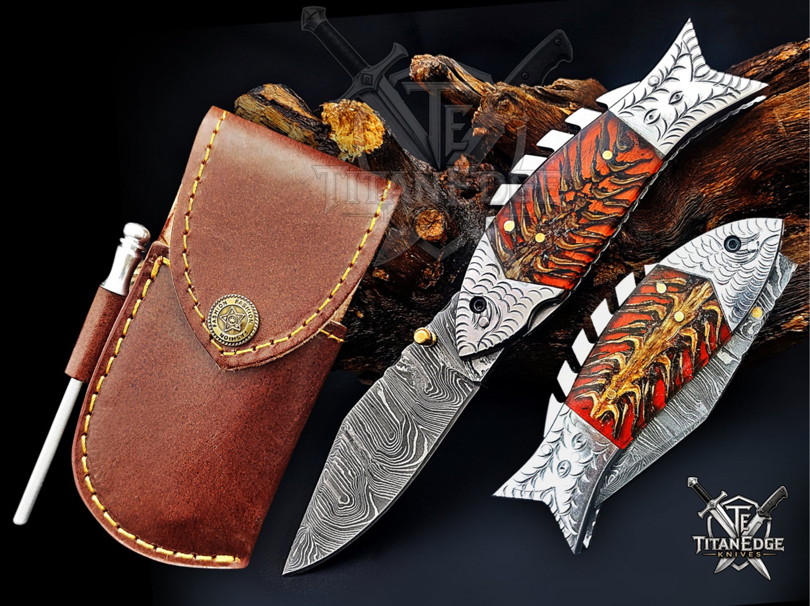 Handmade 7.5 Inch Damascus Steel Pocket Knife, Folding EDC Fishing Knife, Fish Skeleton Handle, Men's Gift With Sheath
