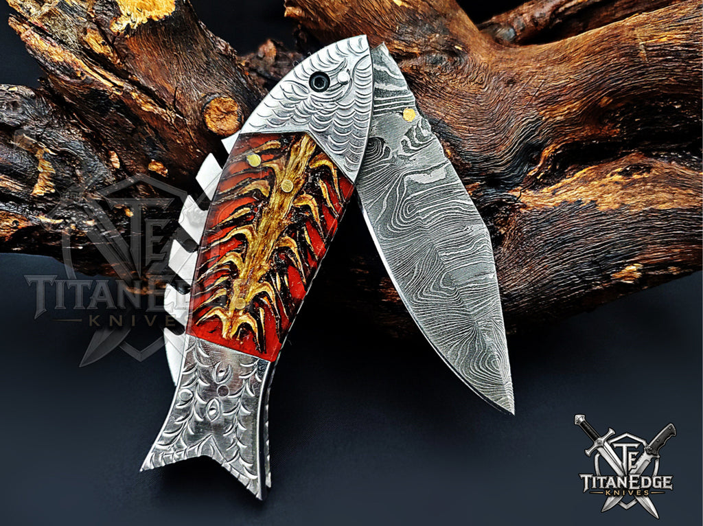 Handmade 7.5 Inch Damascus Steel Pocket Knife, Folding EDC Fishing Knife, Fish Skeleton Handle, Men's Gift With Sheath