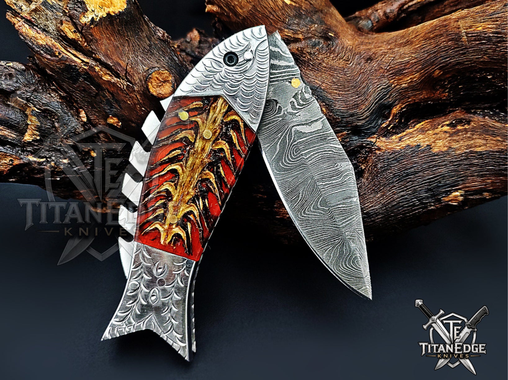 Handmade 7.5 Inch Damascus Steel Pocket Knife, Folding EDC Fishing Knife, Fish Skeleton Handle, Men's Gift With Sheath
