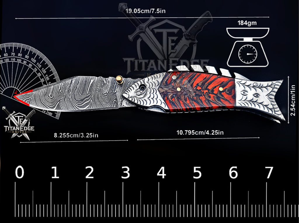 Handmade 7.5 Inch Damascus Steel Pocket Knife, Folding EDC Fishing Knife, Fish Skeleton Handle, Men's Gift With Sheath