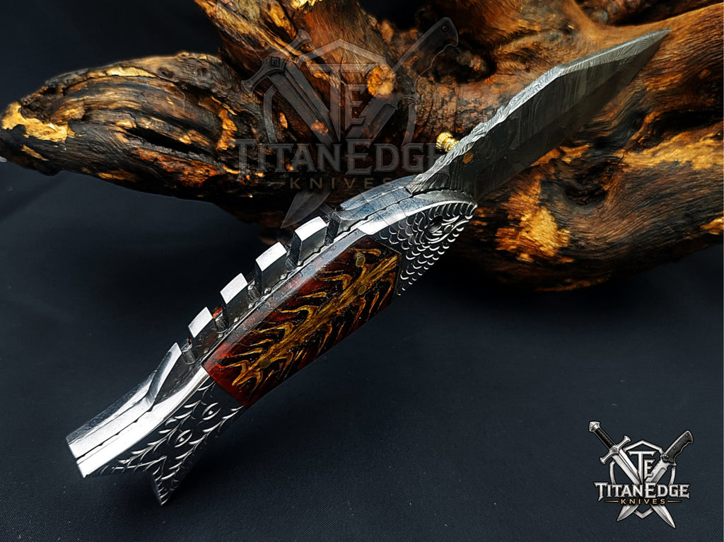 Handmade 7.5 Inch Damascus Steel Pocket Knife, Folding EDC Fishing Knife, Fish Skeleton Handle, Men's Gift With Sheath