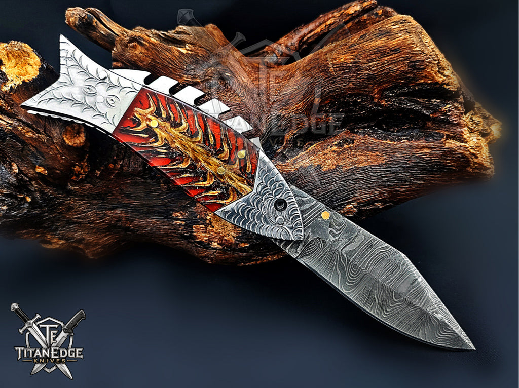 Handmade 7.5 Inch Damascus Steel Pocket Knife, Folding EDC Fishing Knife, Fish Skeleton Handle, Men's Gift With Sheath