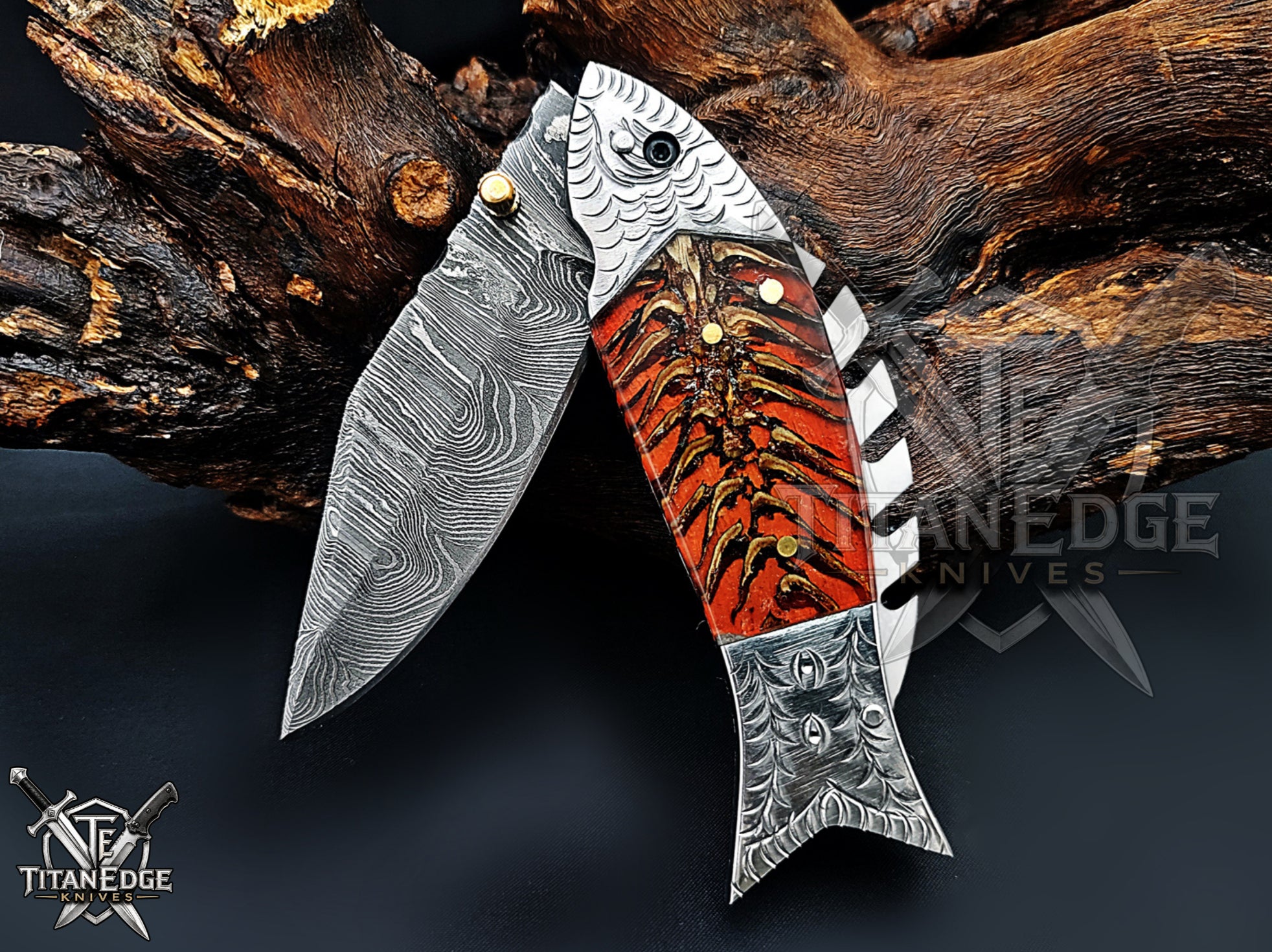 Handmade 7.5 Inch Damascus Steel Pocket Knife, Folding EDC Fishing Knife, Fish Skeleton Handle, Men's Gift With Sheath