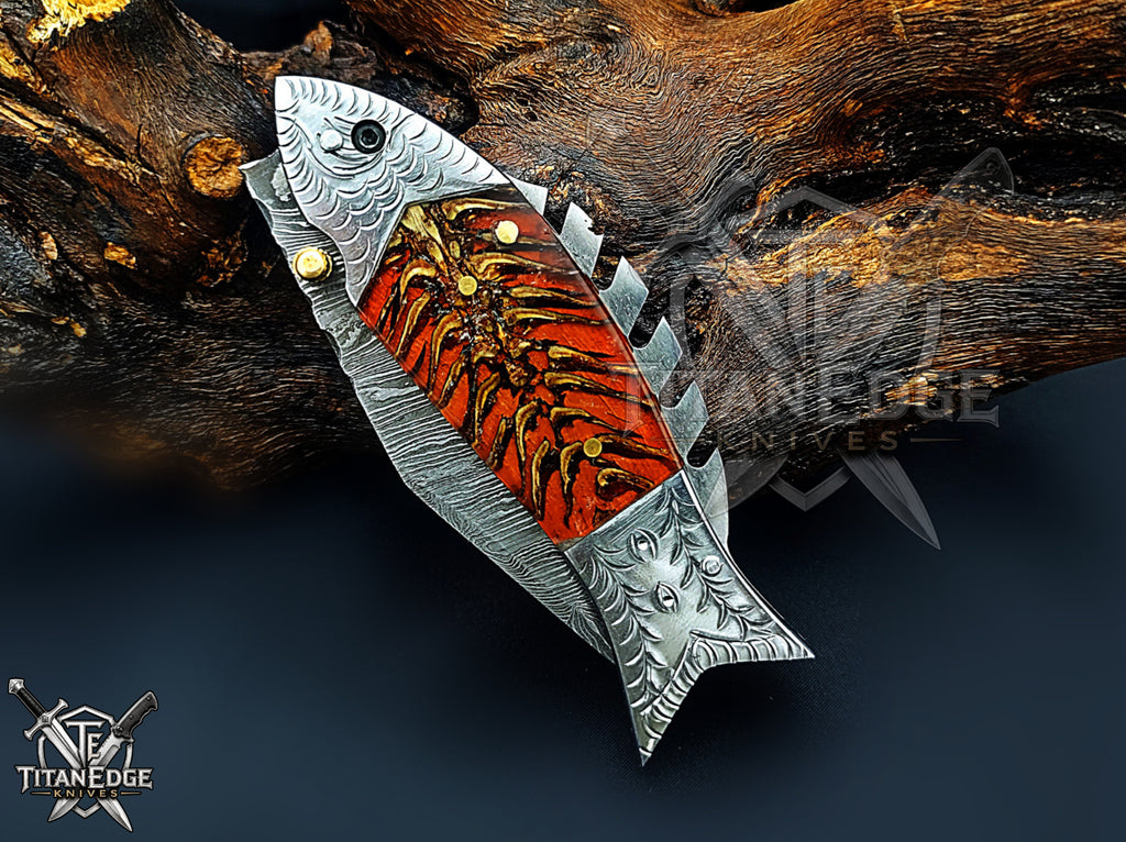 Handmade 7.5 Inch Damascus Steel Pocket Knife, Folding EDC Fishing Knife, Fish Skeleton Handle, Men's Gift With Sheath