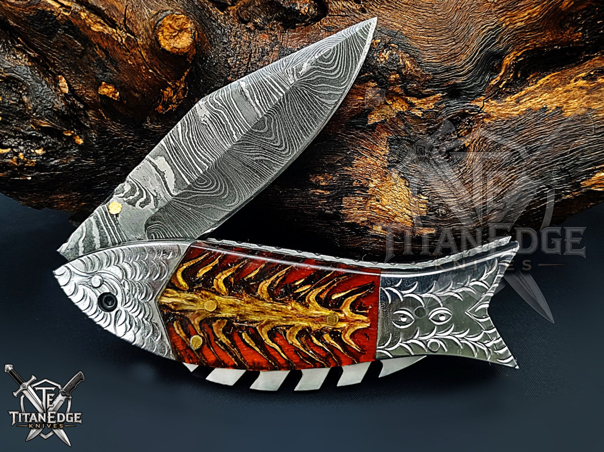Handmade 7.5 Inch Damascus Steel Pocket Knife, Folding EDC Fishing Knife, Fish Skeleton Handle, Men's Gift With Sheath