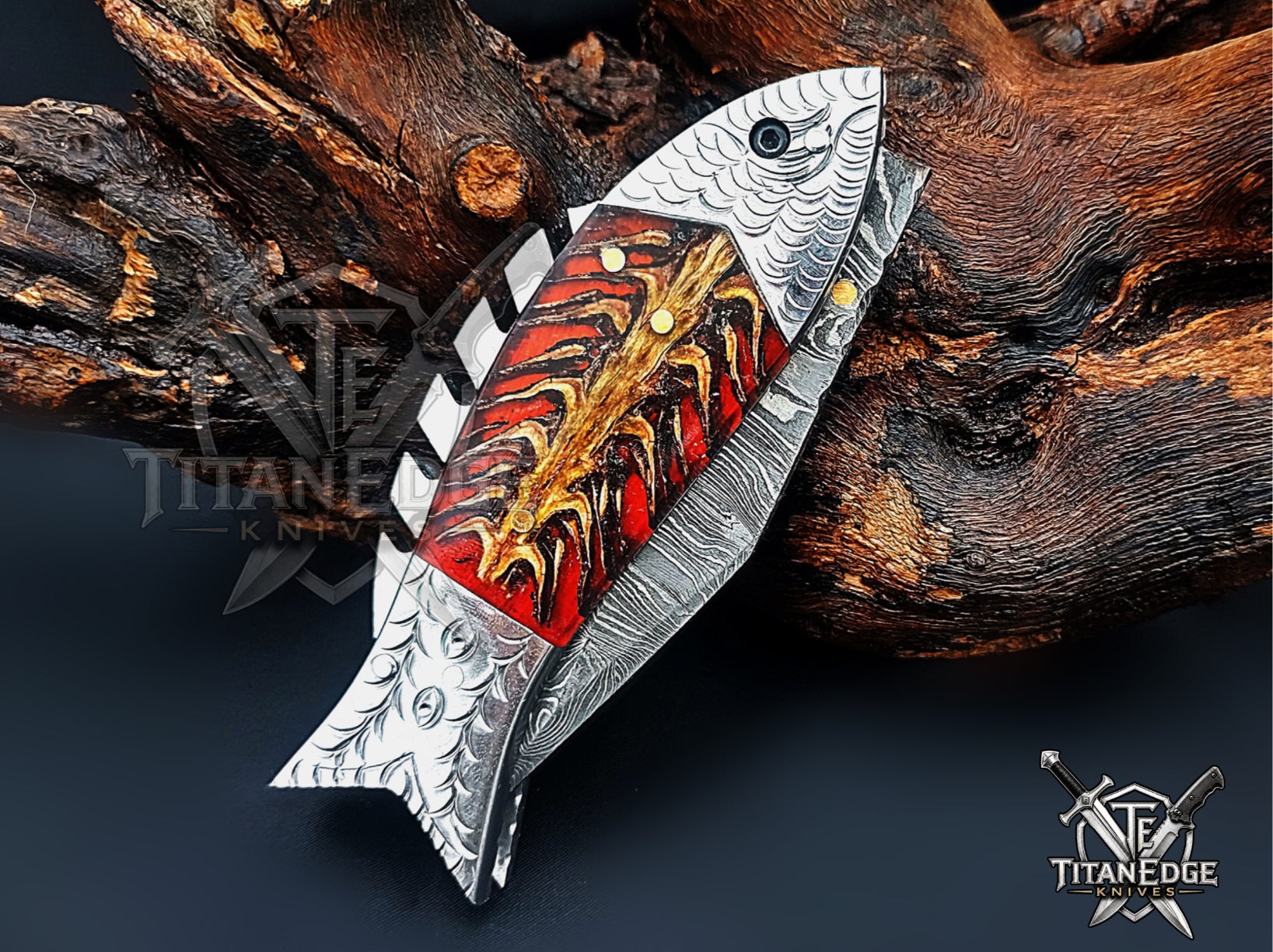 Handmade 7.5 Inch Damascus Steel Pocket Knife, Folding EDC Fishing Knife, Fish Skeleton Handle, Men's Gift With Sheath