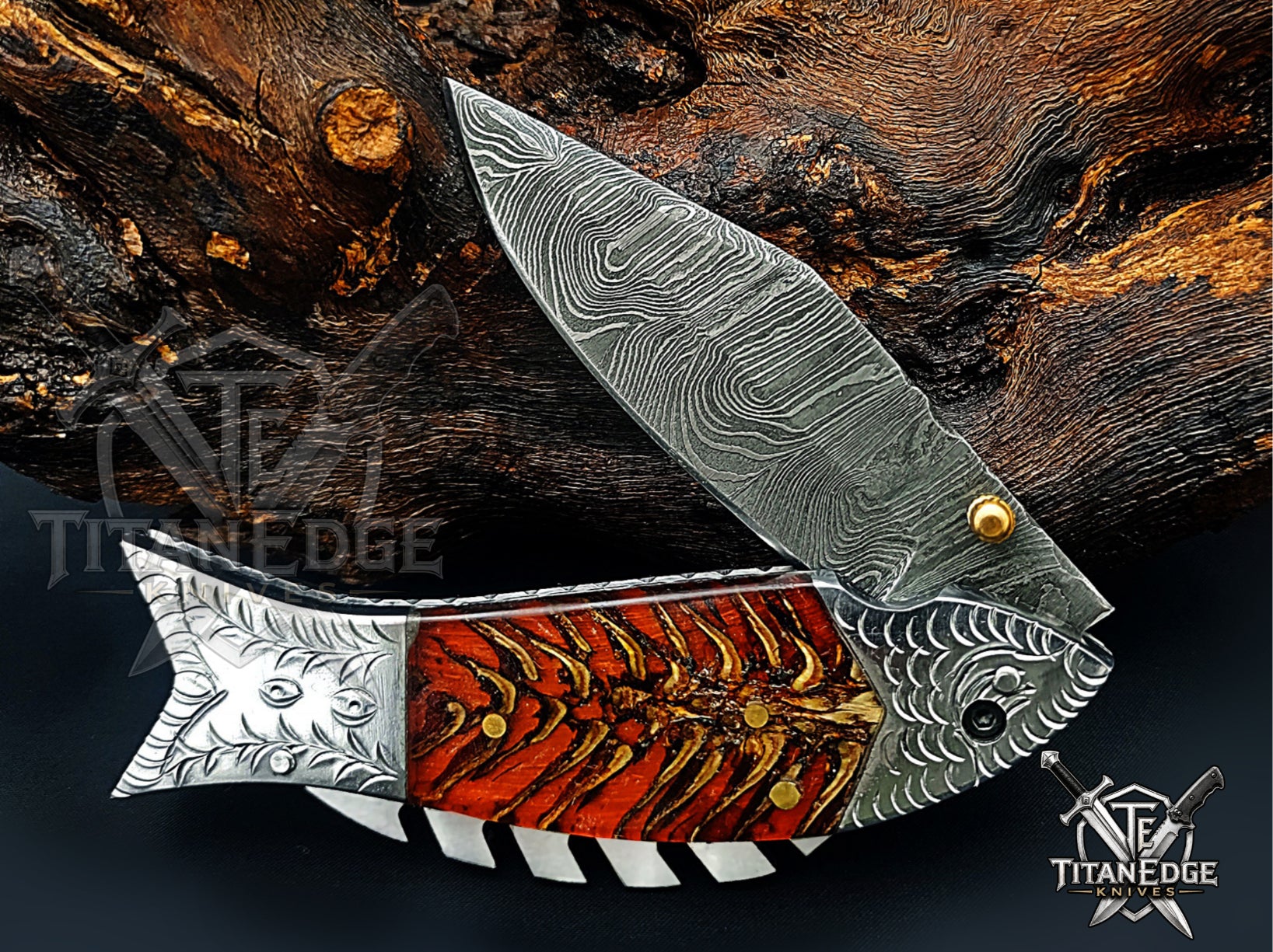 Handmade 7.5 Inch Damascus Steel Pocket Knife, Folding EDC Fishing Knife, Fish Skeleton Handle, Men's Gift With Sheath