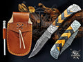 Handmade 7.25" Damascus Steel Pocket Knife, Folding EDC Hunting Knife, Wood Handle, Groomsmen Gift With Leather Sheath