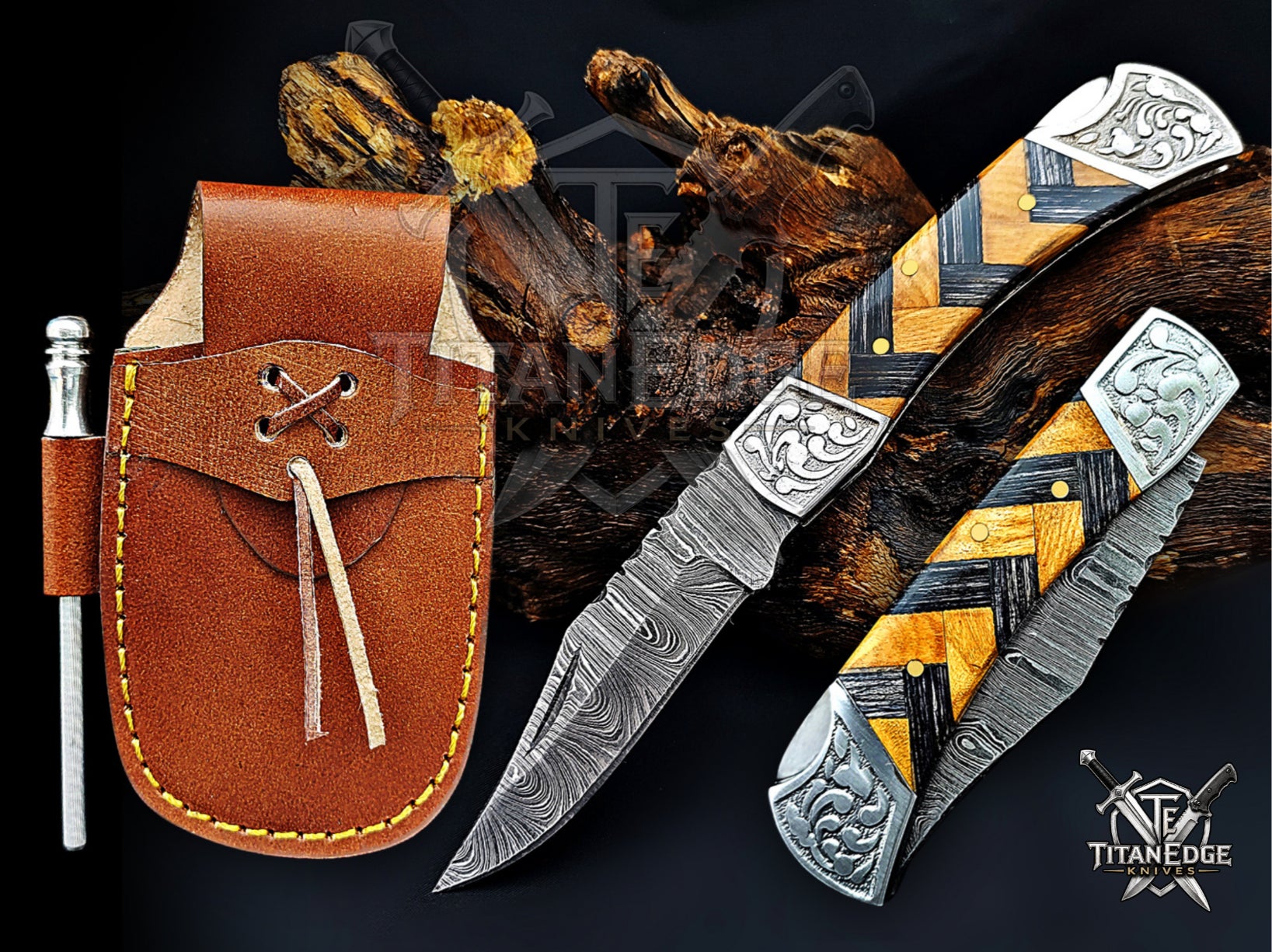 Handmade 7.25" Damascus Steel Pocket Knife, Folding EDC Hunting Knife, Wood Handle, Groomsmen Gift With Leather Sheath