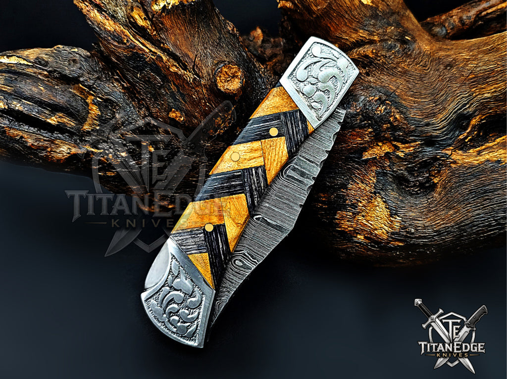 Handmade 7.25" Damascus Steel Pocket Knife, Folding EDC Hunting Knife, Wood Handle, Groomsmen Gift With Leather Sheath