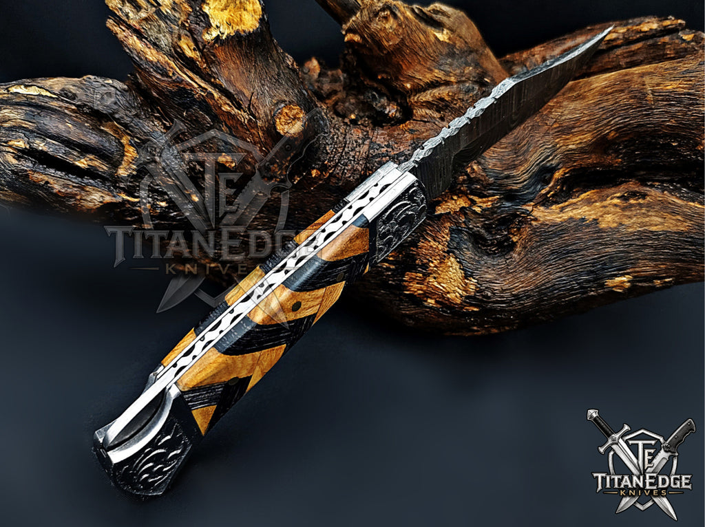 Handmade 7.25" Damascus Steel Pocket Knife, Folding EDC Hunting Knife, Wood Handle, Groomsmen Gift With Leather Sheath