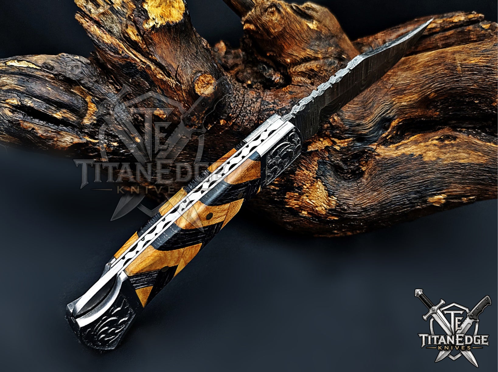 Handmade 7.25" Damascus Steel Pocket Knife, Folding EDC Hunting Knife, Wood Handle, Groomsmen Gift With Leather Sheath