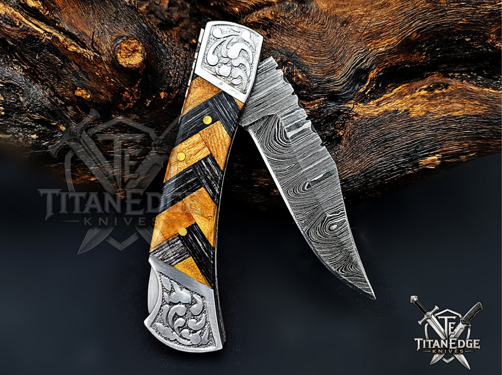 Handmade 7.25" Damascus Steel Pocket Knife, Folding EDC Hunting Knife, Wood Handle, Groomsmen Gift With Leather Sheath