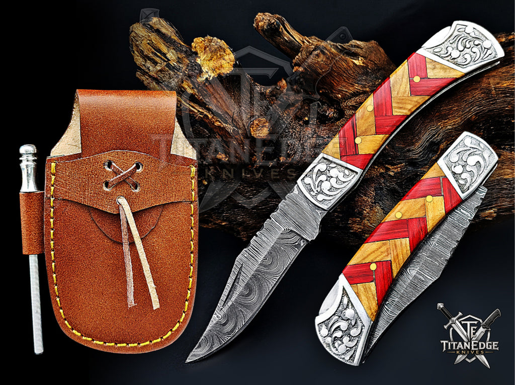 Handmade 7.25" Damascus Steel Pocket Knife, Folding EDC Hunting Knife, Wood Handle, Groomsmen Gift With Leather Sheath