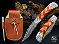 Handmade 7.25" Damascus Steel Pocket Knife, Folding EDC Hunting Knife, Wood Handle, Groomsmen Gift With Leather Sheath